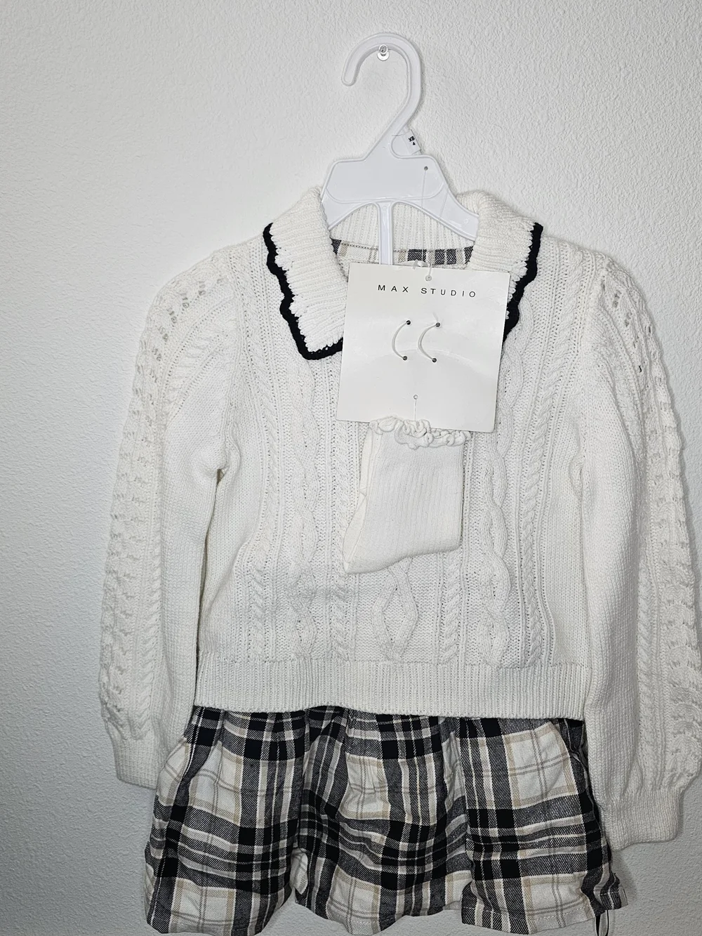 Max Studio Cream Cable Knit Sweater with Black-Trim Collar